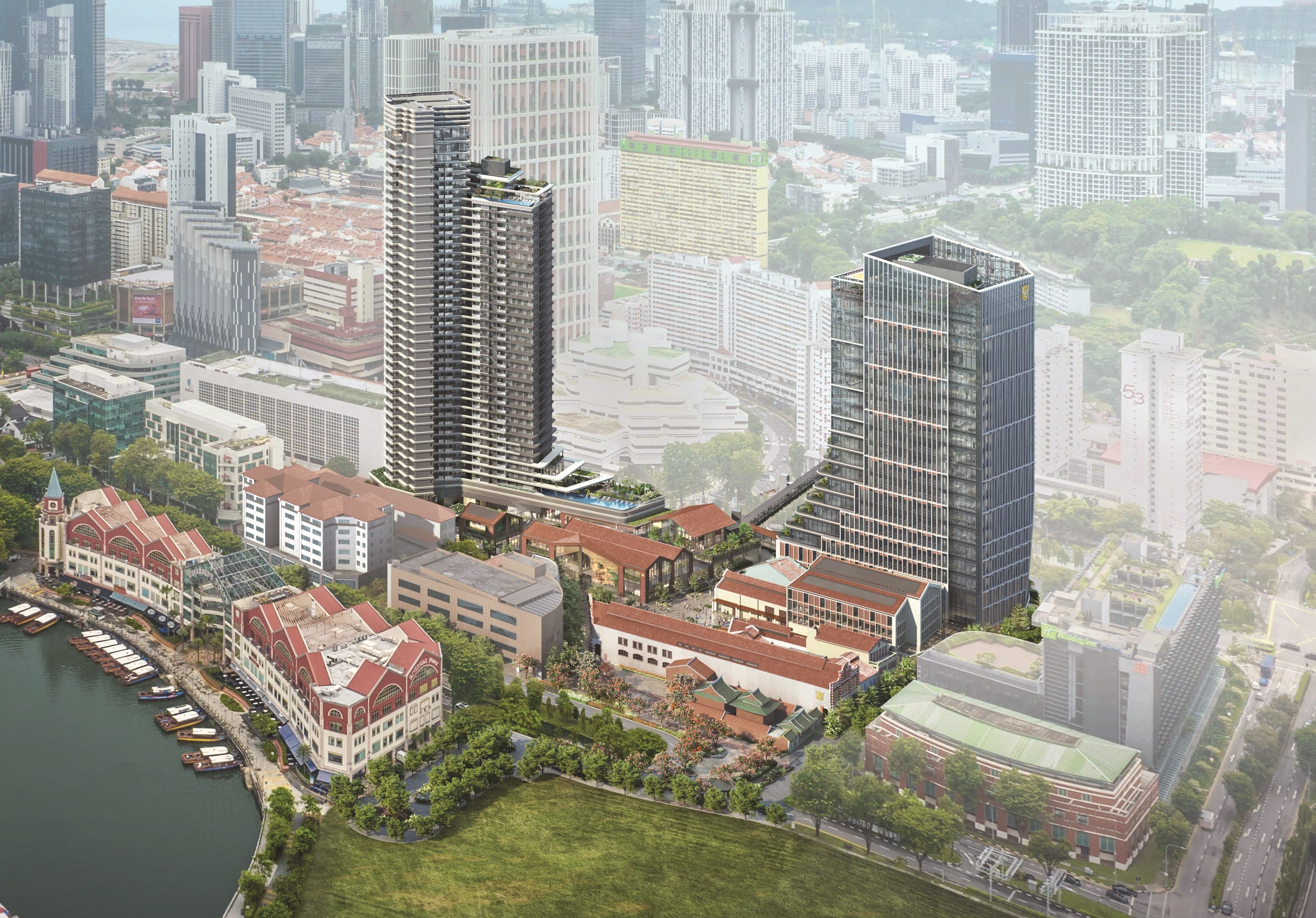Aerial view of Singapore's skyline featuring modern skyscrapers amidst historical red-roofed buildings and green spaces.